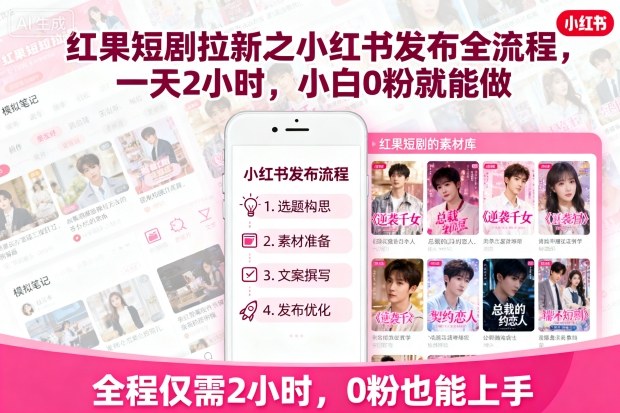 红果短剧拉新之小红书发布全流程，一天2小时，小白0粉就能做_创副业