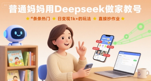 普通妈妈用Deepseek做家教号，条条热门，日变现1k+的玩法，直接抄作业_创副业