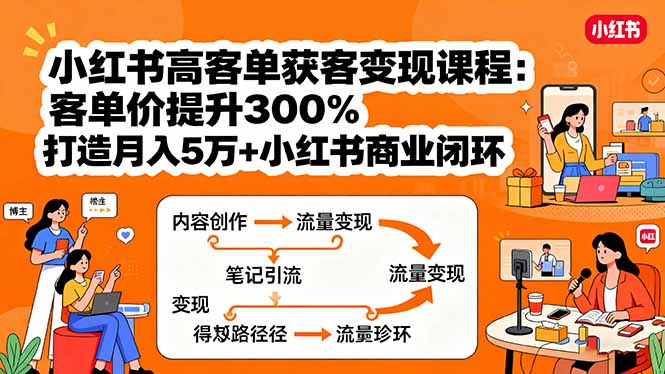 小红书高客单获客变现课程：客单价提升300%，打造月入10万+小红书商业闭环_创副业