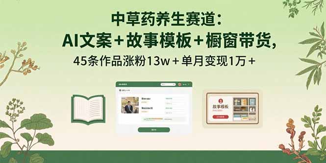 中草药养生赛道：AI文案+故事模板+橱带货，45条作品涨粉13w+单月变现1万+_创副业