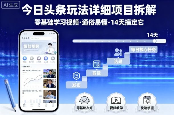 今日头条玩法详细项目拆解，零基础学习视频 通俗易懂 14天搞定它_创副业